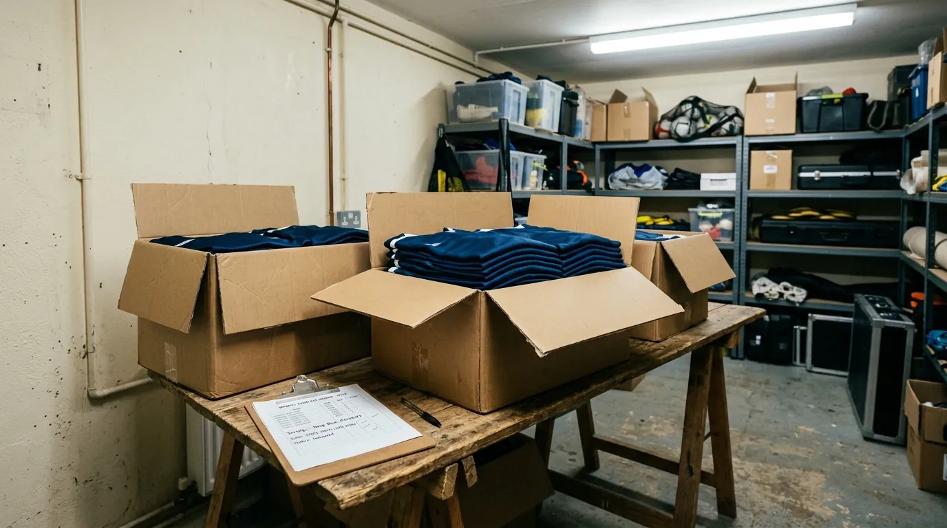 Cartons de tenues de club prêts à être répartis avant la reprise