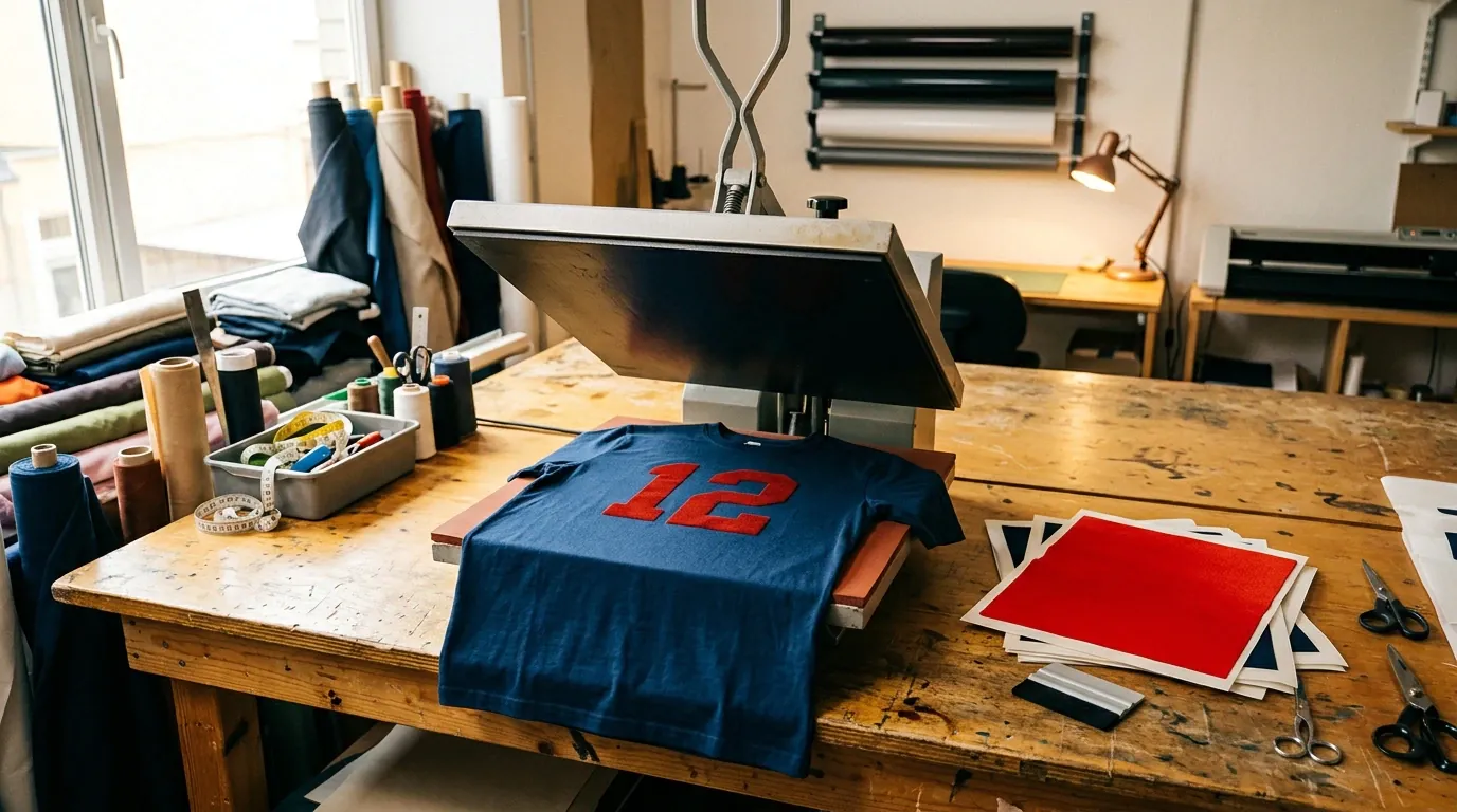Atelier de marquage textile, presse et transferts prêts à poser