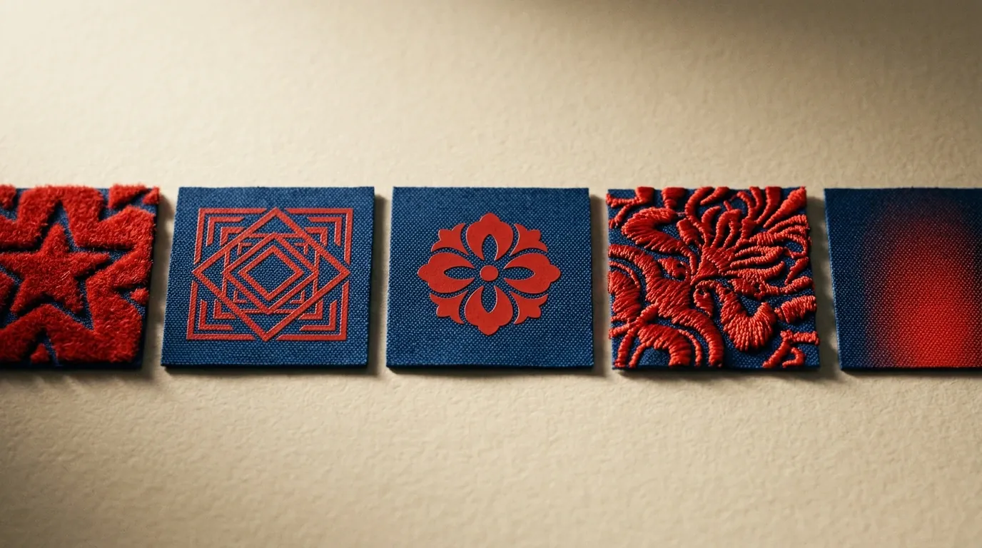 Cinq échantillons de marquage comparés côte à côte sur textile