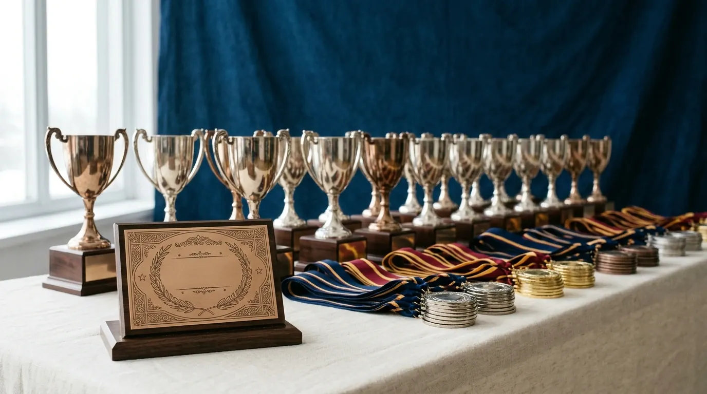 Coupes et médailles alignées avant une remise de tournoi