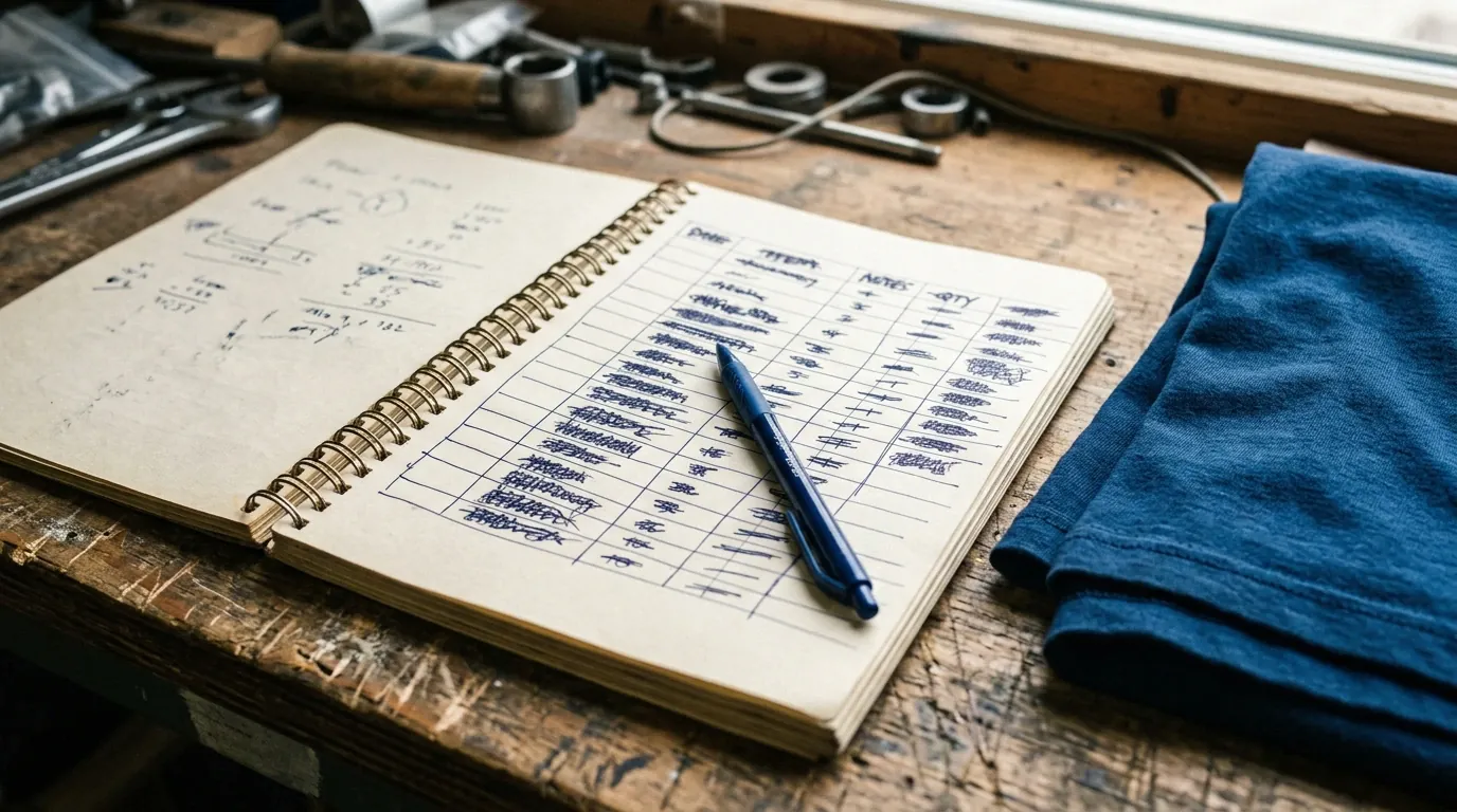 Carnet de relevé de prix posé sur un comptoir d'atelier