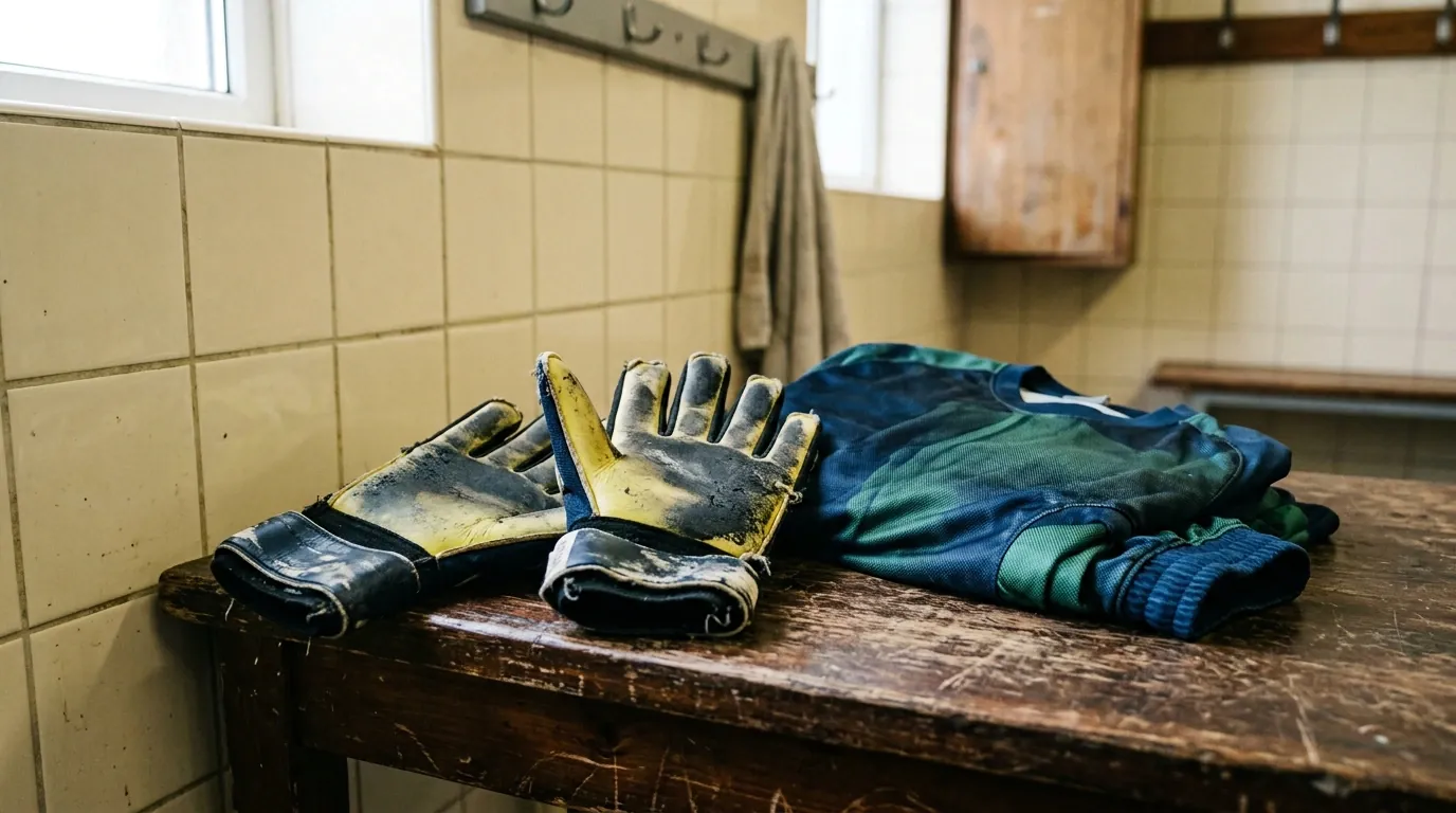 Gants et maillot de gardien posés sur un banc de vestiaire