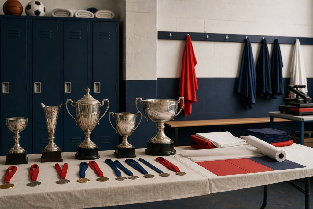 Trophées et médailles alignés sur une table de club sportif