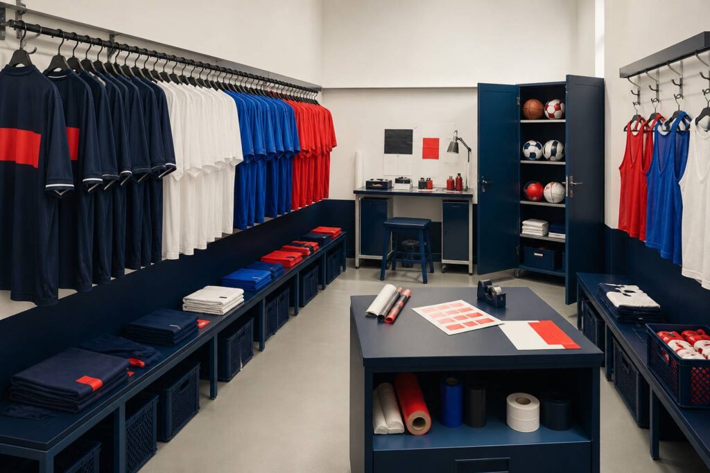 Maillots de sport suspendus et ballons rangés dans un vestiaire