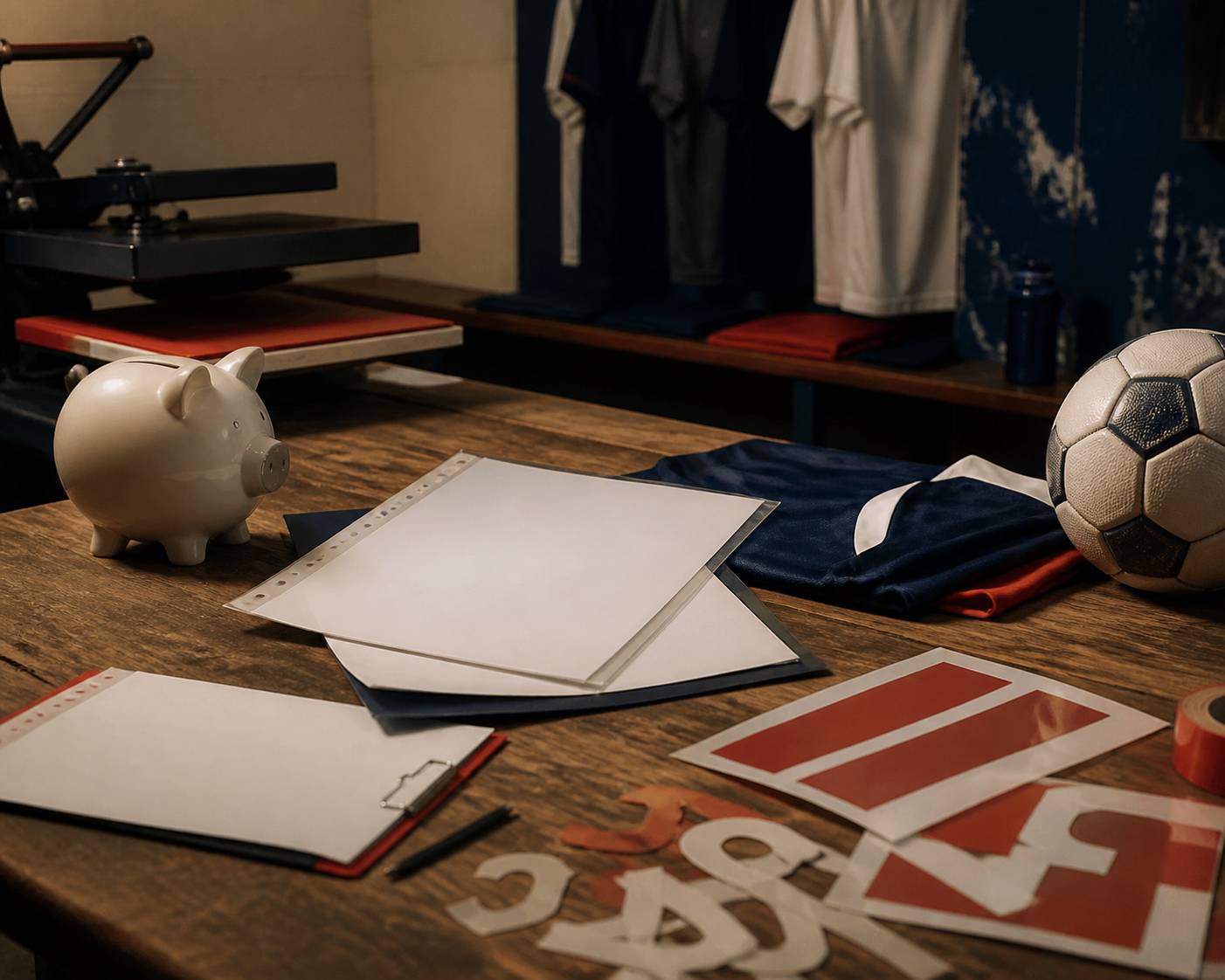 Tirelire et documents de sponsoring avec maillot et ballon
