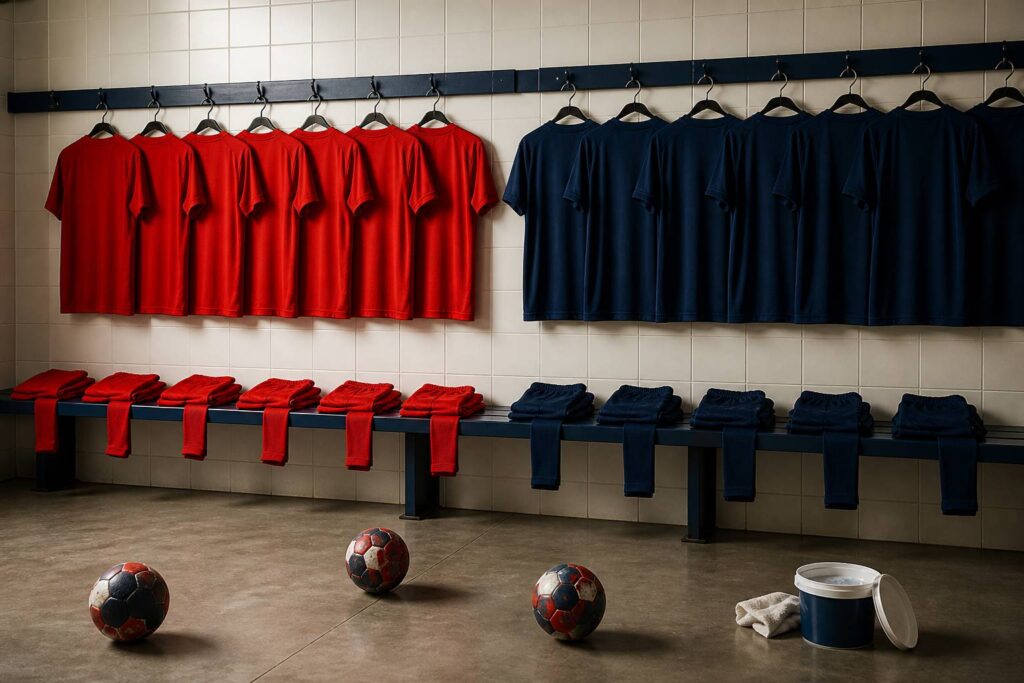 Équipement de handball avec maillots, shorts et ballons dans un vestiaire