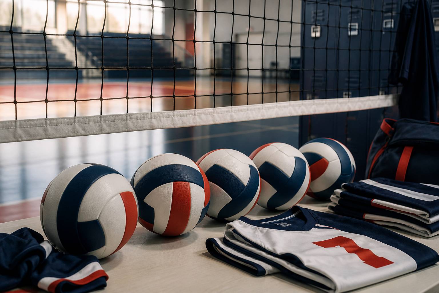 Filet de volley avec ballons alignés et tenue de match pliée
