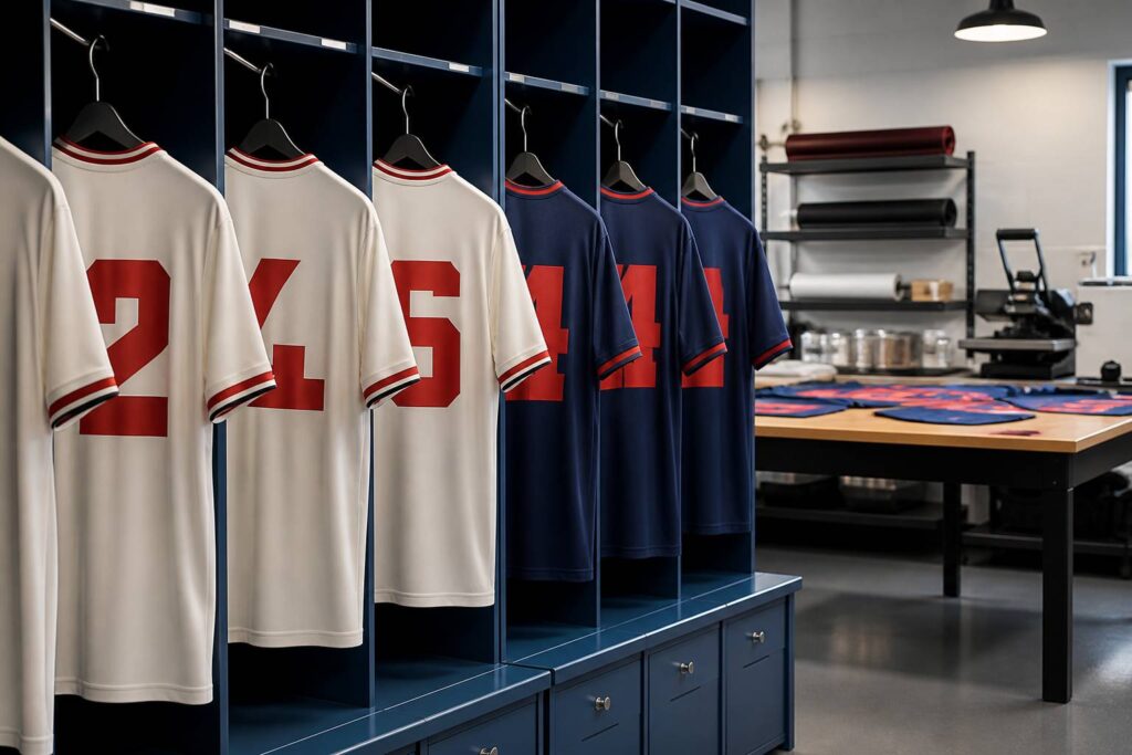 Jeux de maillots de sport sans logo suspendus dans un vestiaire