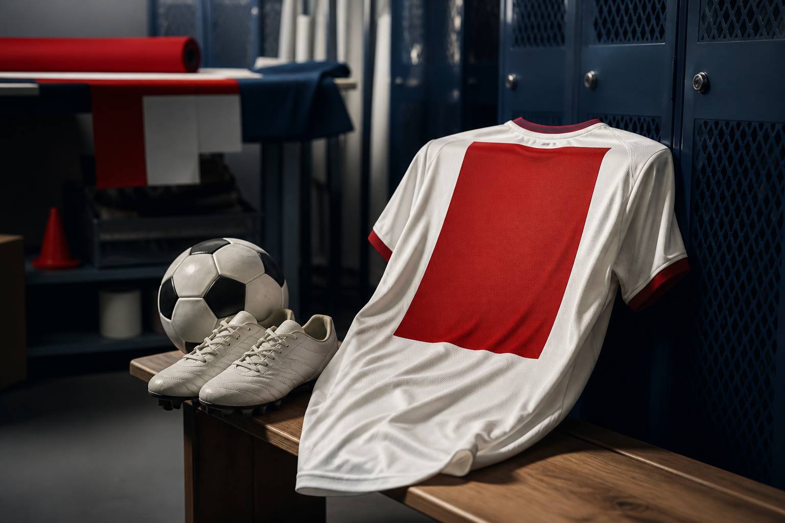 Maillot de football sans logo posé sur un banc avec un ballon