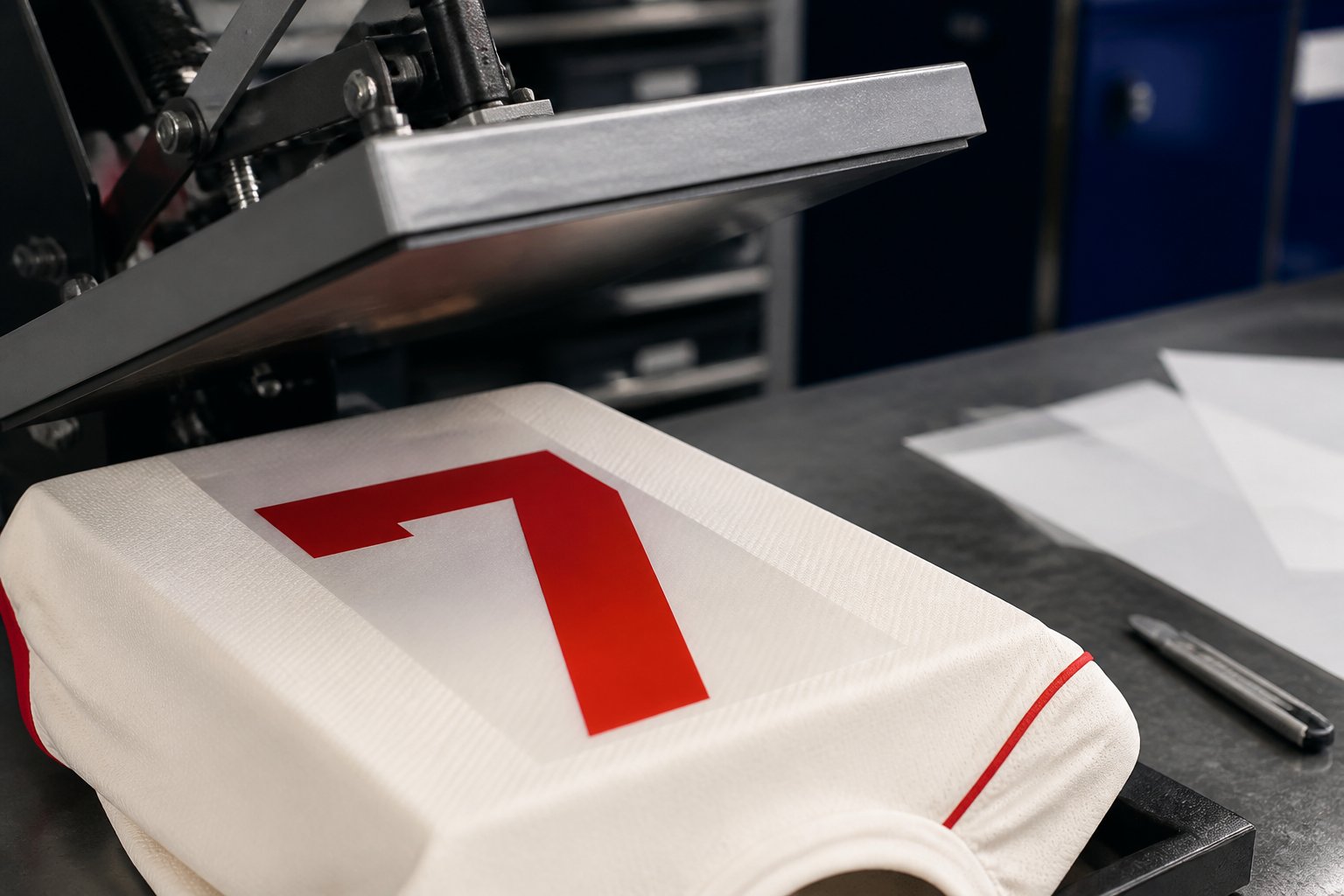 Maillot blanc avec chiffre rouge en cours de flocage sous une presse à chaud