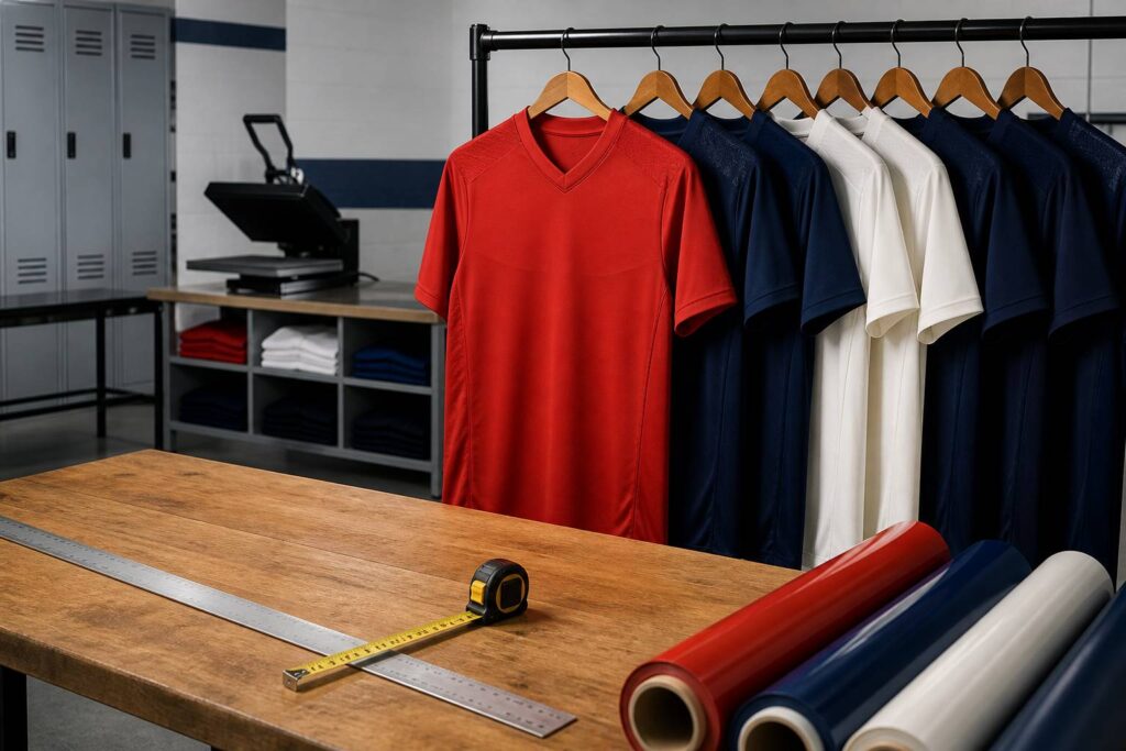 Maillots de club sur portant avec zones vides réservées aux marquages