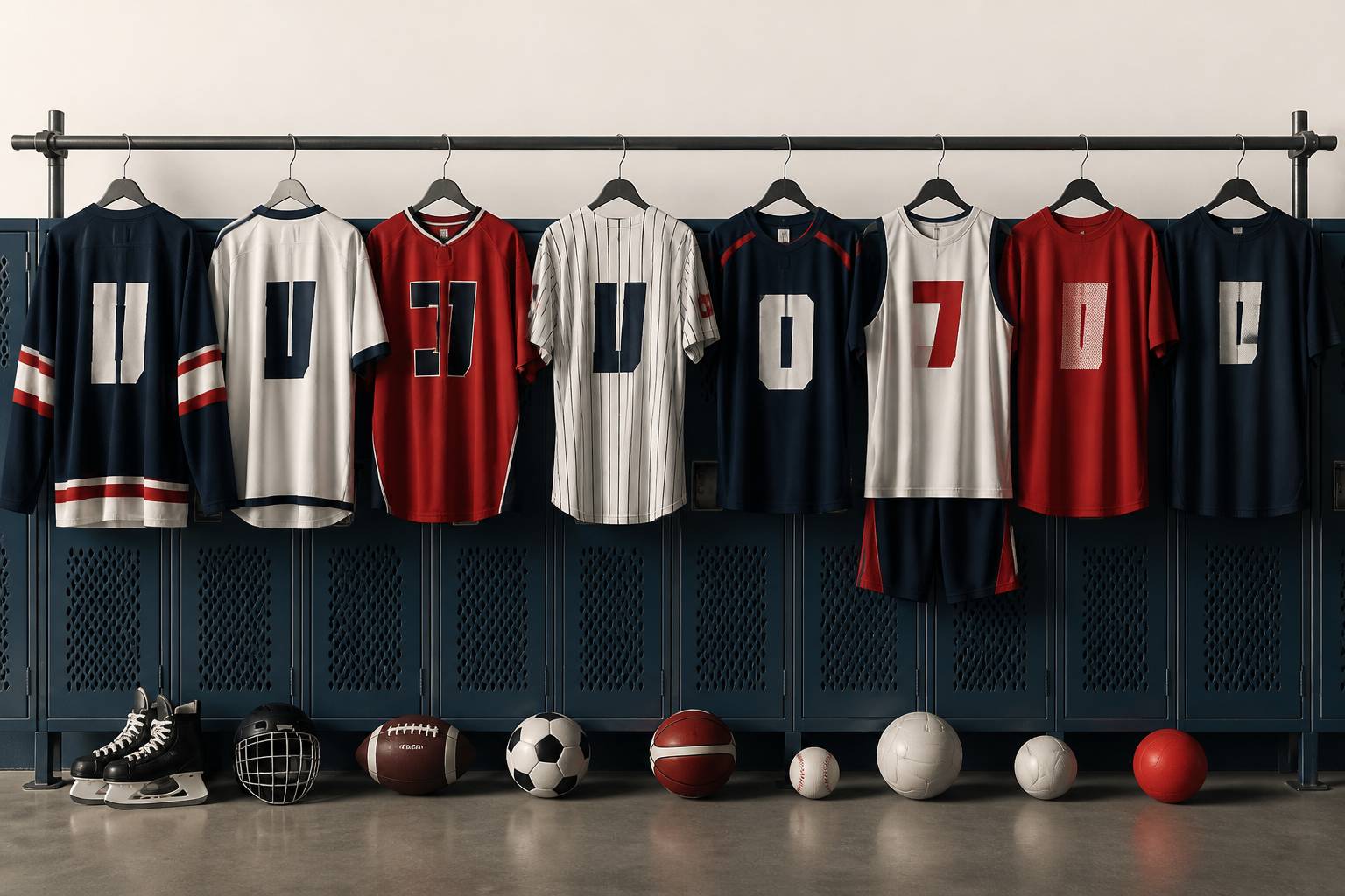 Maillots de différentes disciplines avec ballons alignés au sol