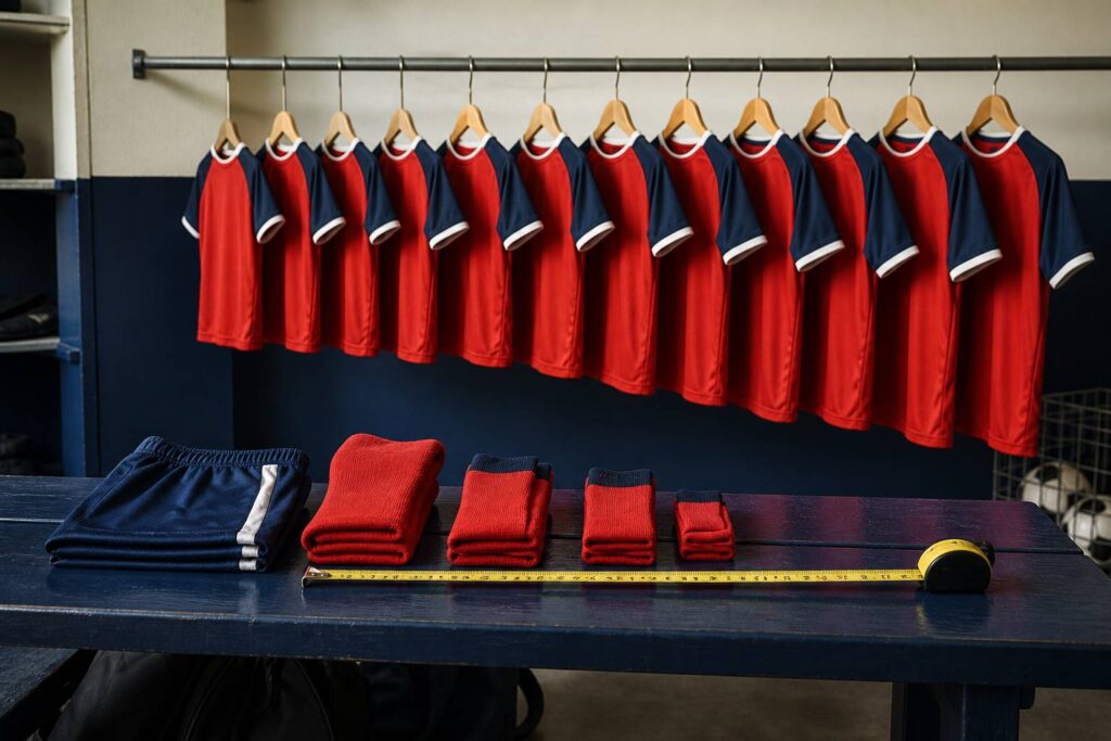 Maillots d'enfants de tailles différentes alignés sur un portant