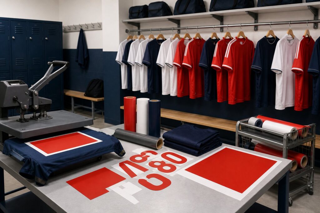 Vestiaire sportif avec maillots génériques suspendus et presse à flocage