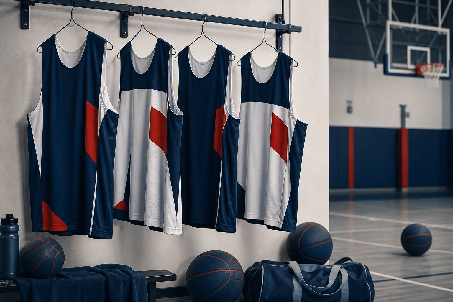 Maillots réversibles bicolores suspendus avec ballons de basket