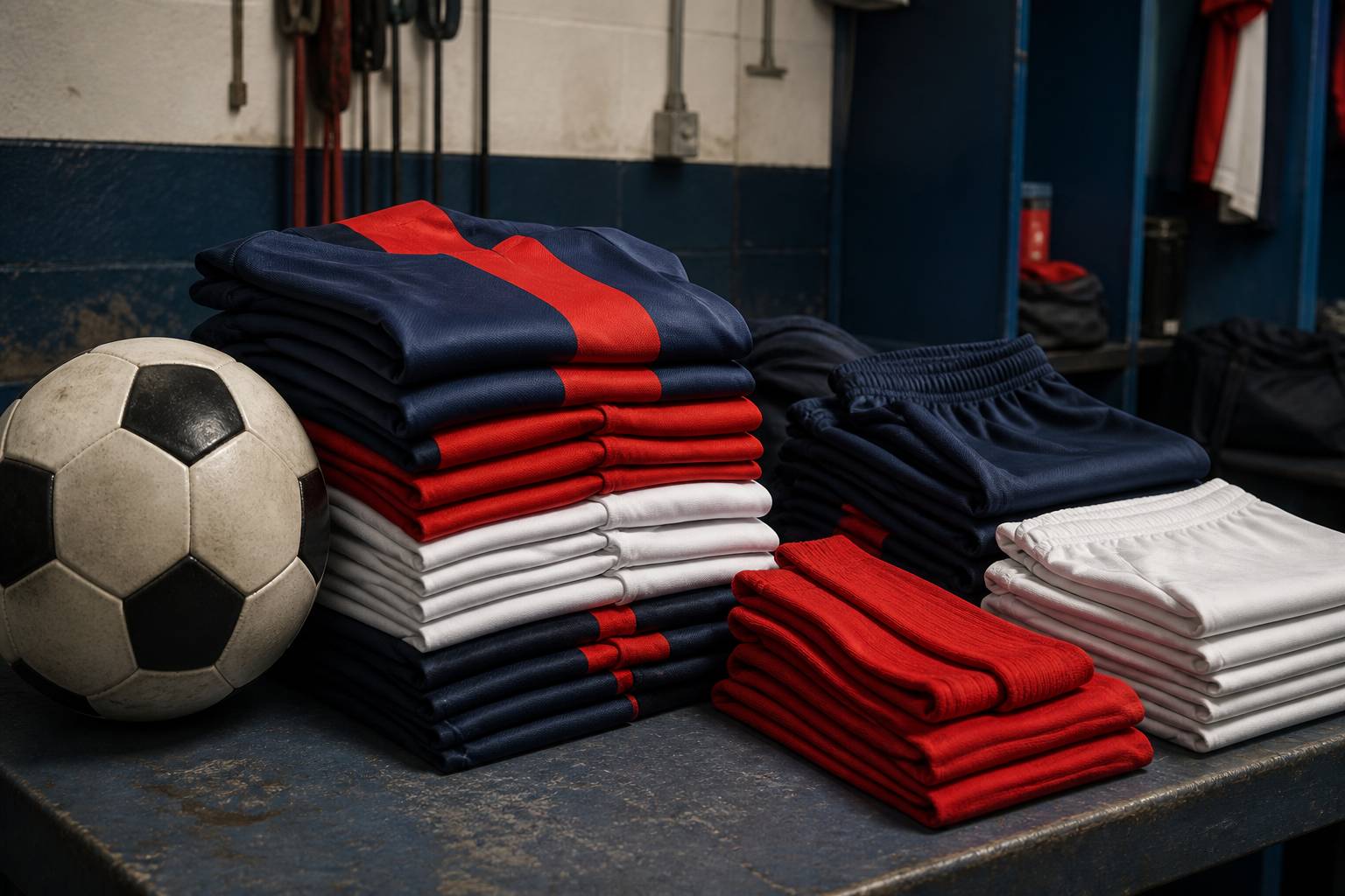 Maillots, shorts et chaussettes de football empilés en piles nettes