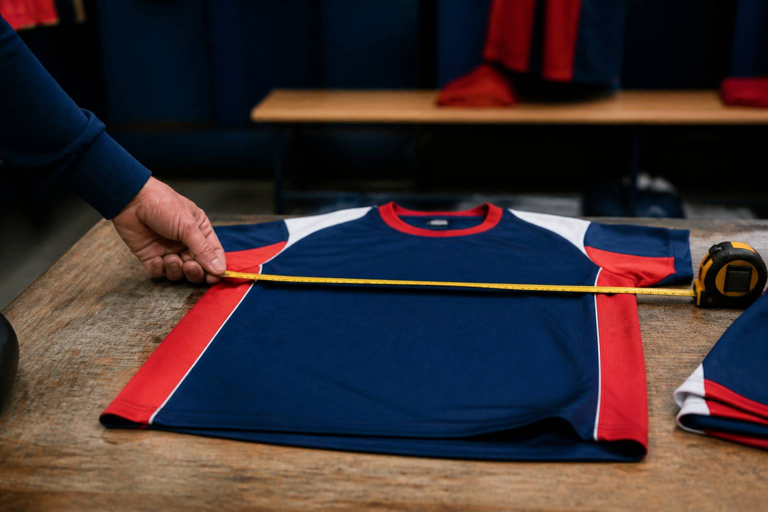 Main mesurant un maillot d'enfant posé à plat avec un mètre ruban