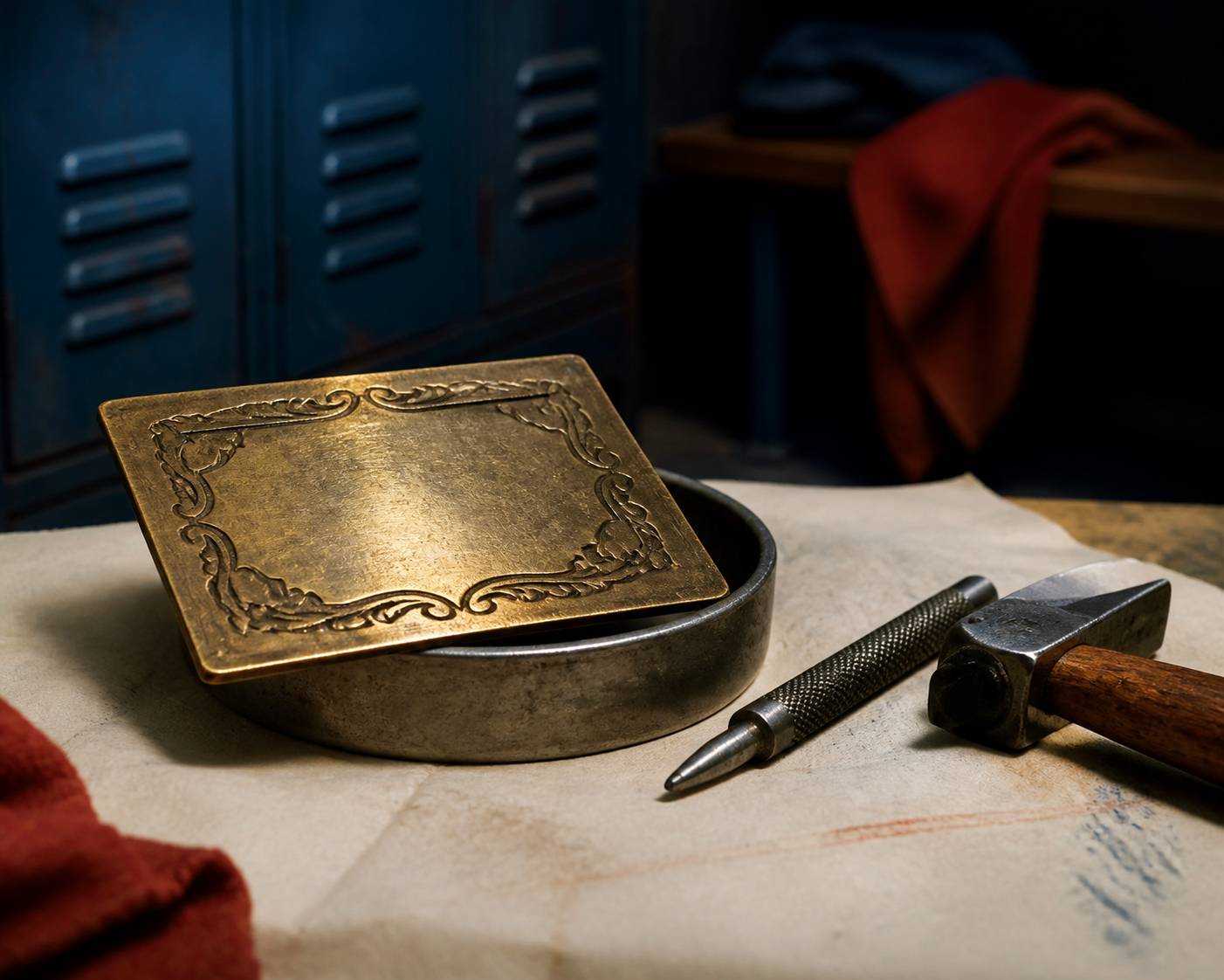Plaque en laiton posée sur une coupe avec outils de graveur