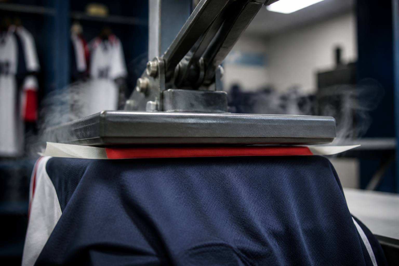 Presse à chaud appliquant un marquage sur un maillot de sport