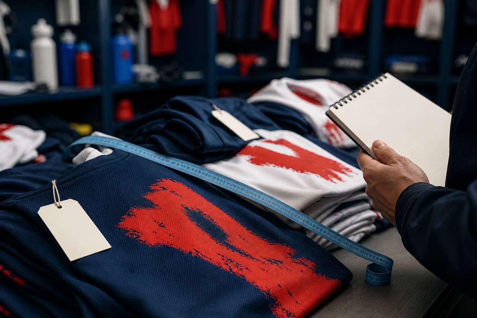 Mètre ruban et étiquettes de tailles sur des maillots empilés