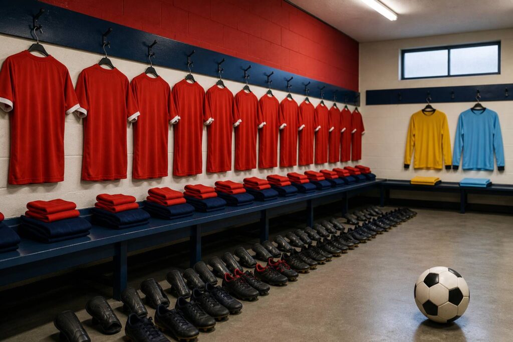 Tenue complète de football avec maillots, shorts et chaussettes sur un banc