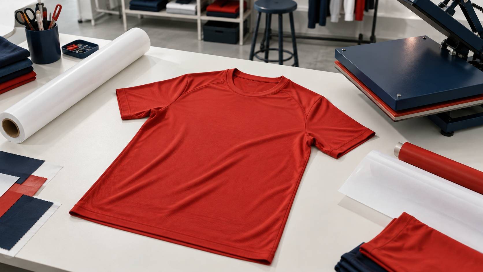 Vue rapprochee d'un maillot de sport uni etale avec un rouleau de transfert
