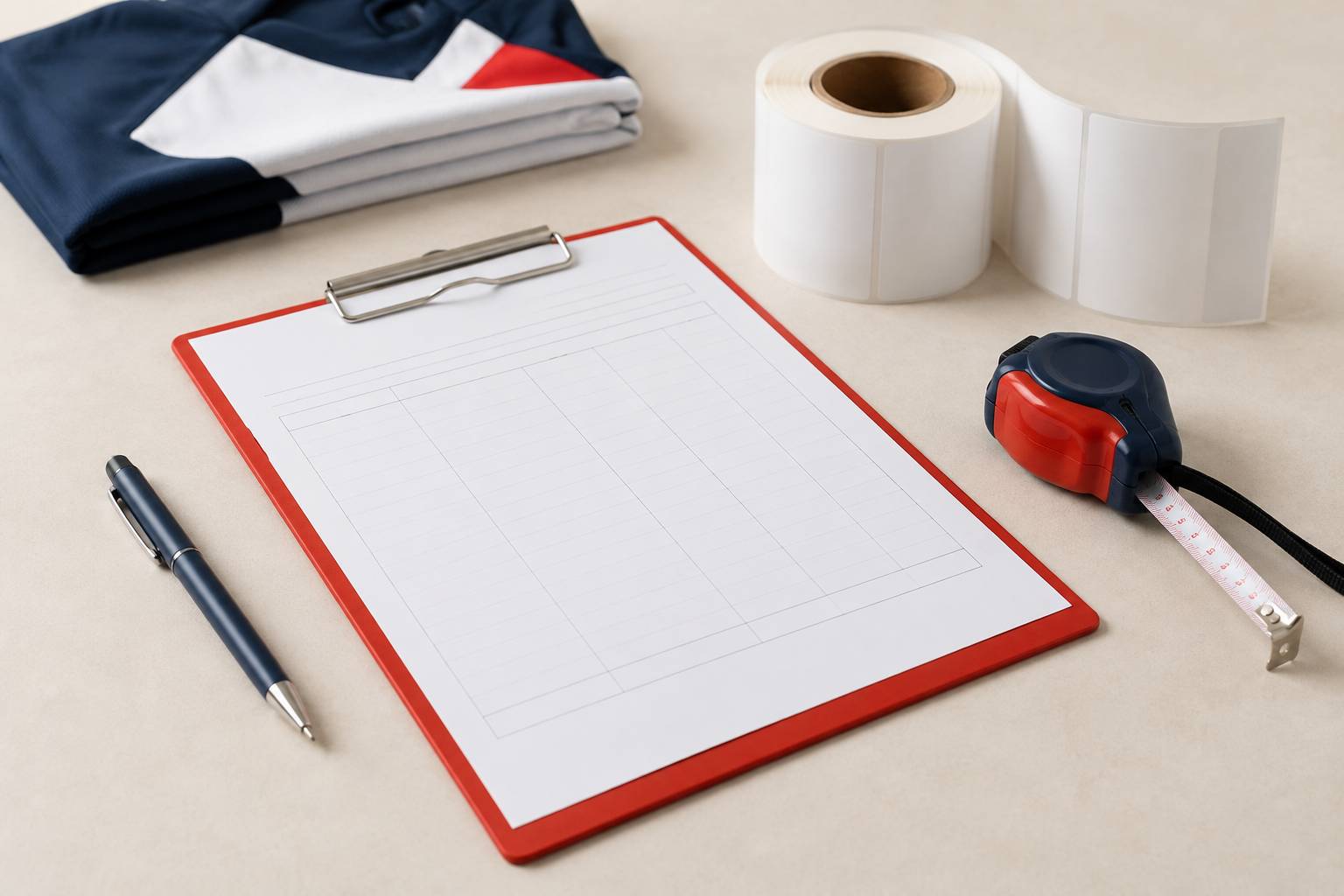 Bordereau vierge, étiquettes blanches et stylo pour préparer une commande club