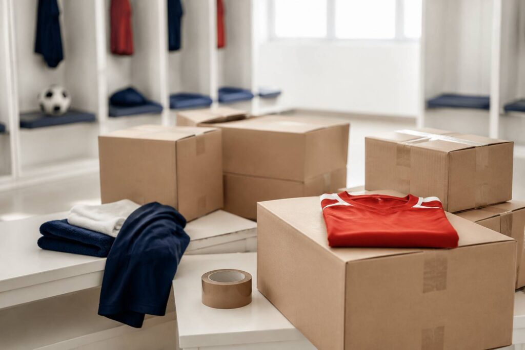 Cartons neutres et maillot sportif plié sans logo, évocation d’une commande club