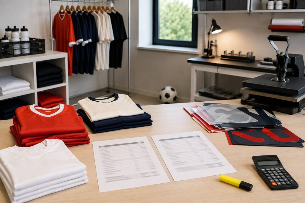 Deux devis imprimés aux lignes illisibles comparés sur un bureau avec maillots d'équipe unis