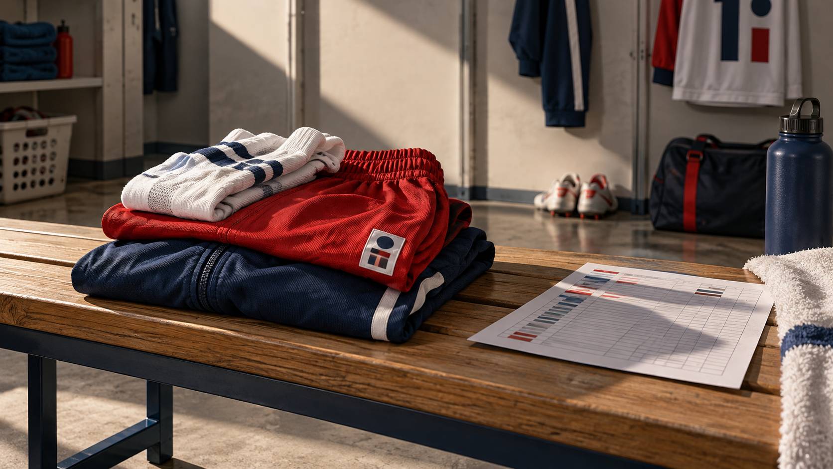Pile de tenue sportive avec short et chaussettes sur un banc