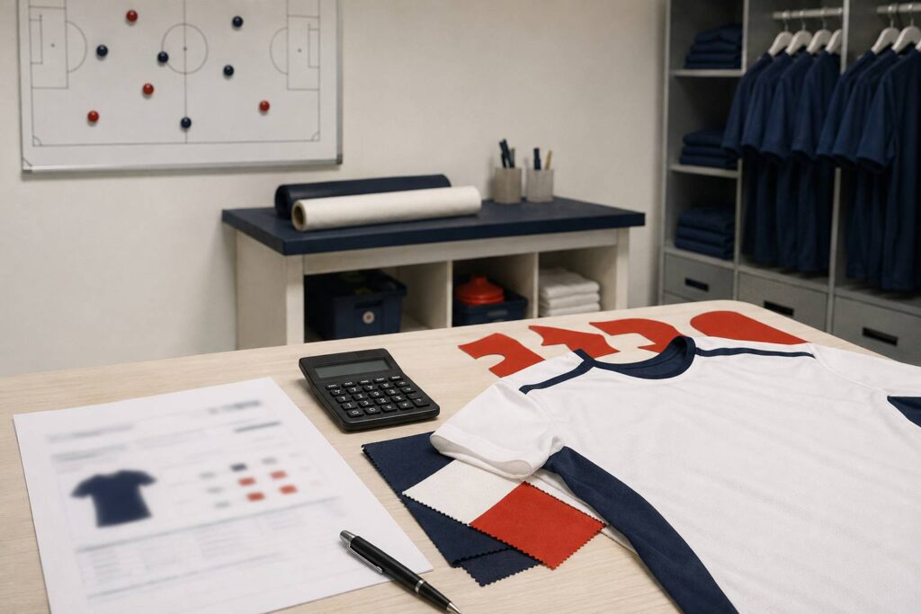 Devis d'équipementier flou avec échantillons de tissus neutres sur un bureau de club