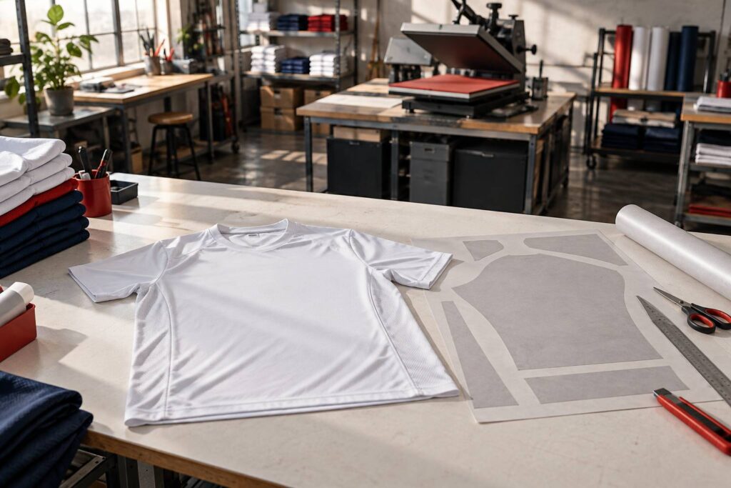 Maillot de sport a plat sur une table d'atelier de flocage
