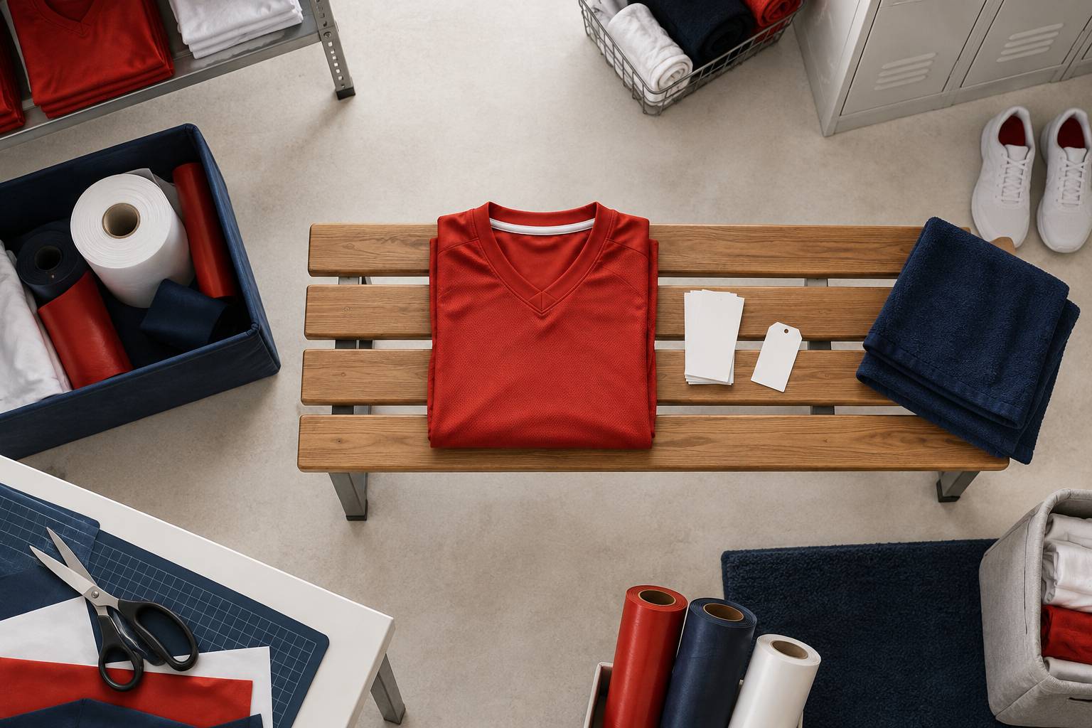 Maillot plie et films thermocollants dans un vestiaire d'atelier