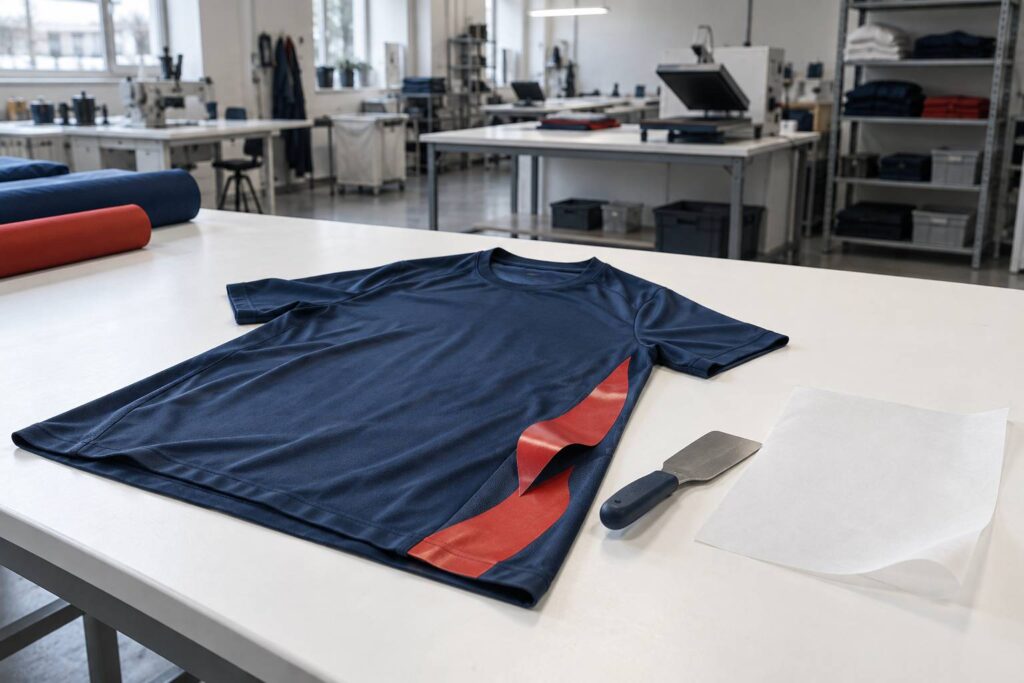 Maillot de sport pose a plat dans un atelier textile