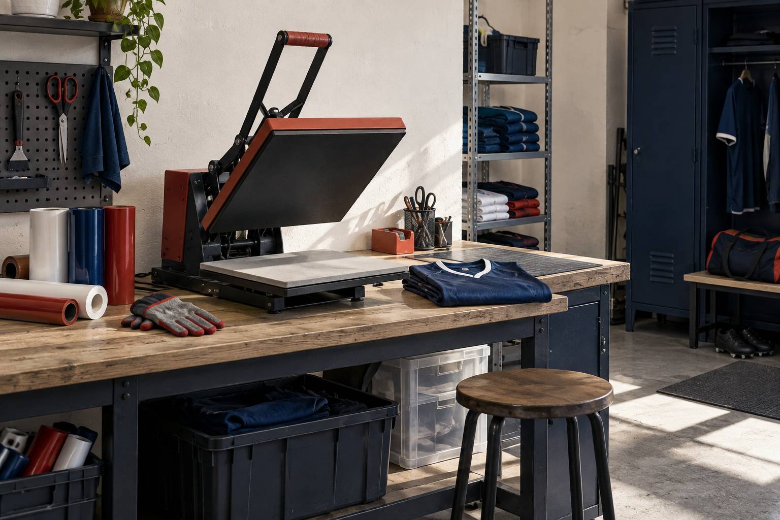 Presse a chaud d'atelier avec maillot plie et film transfert