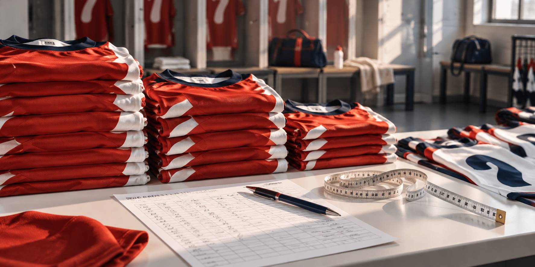 Gros plan sur des maillots empilés par tailles avec mètre ruban et stylo
