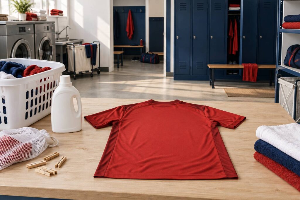 Maillot de sport retourne pose a plat dans une buanderie claire
