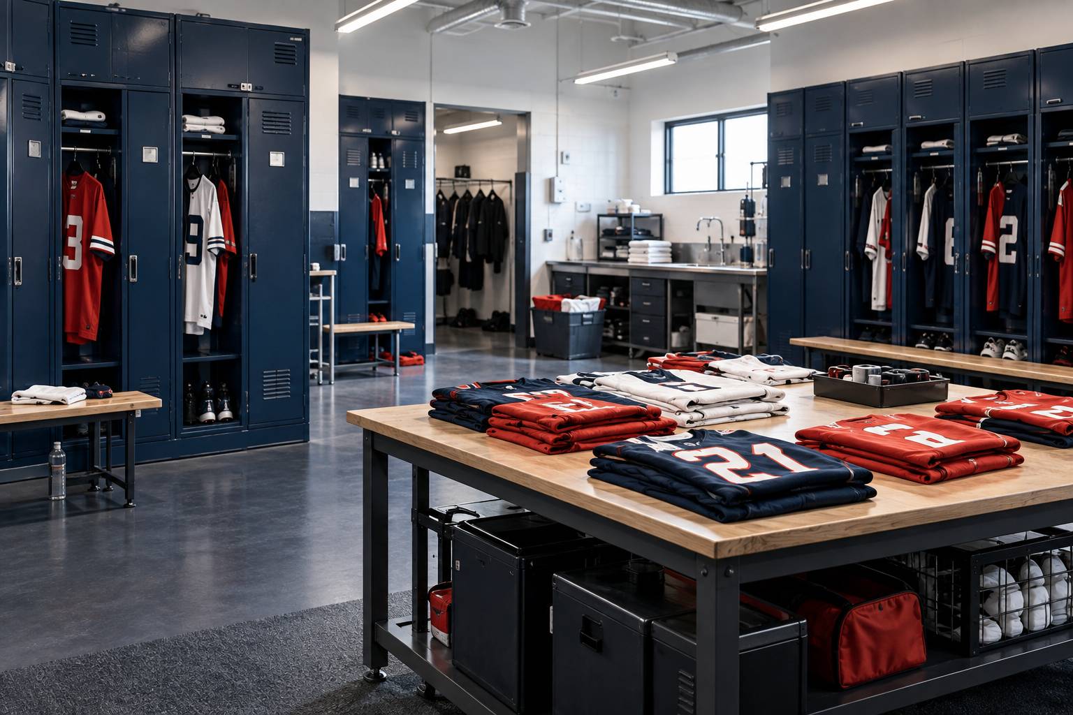 Maillots de football à manches courtes et longues pliés sur une table de vestiaire