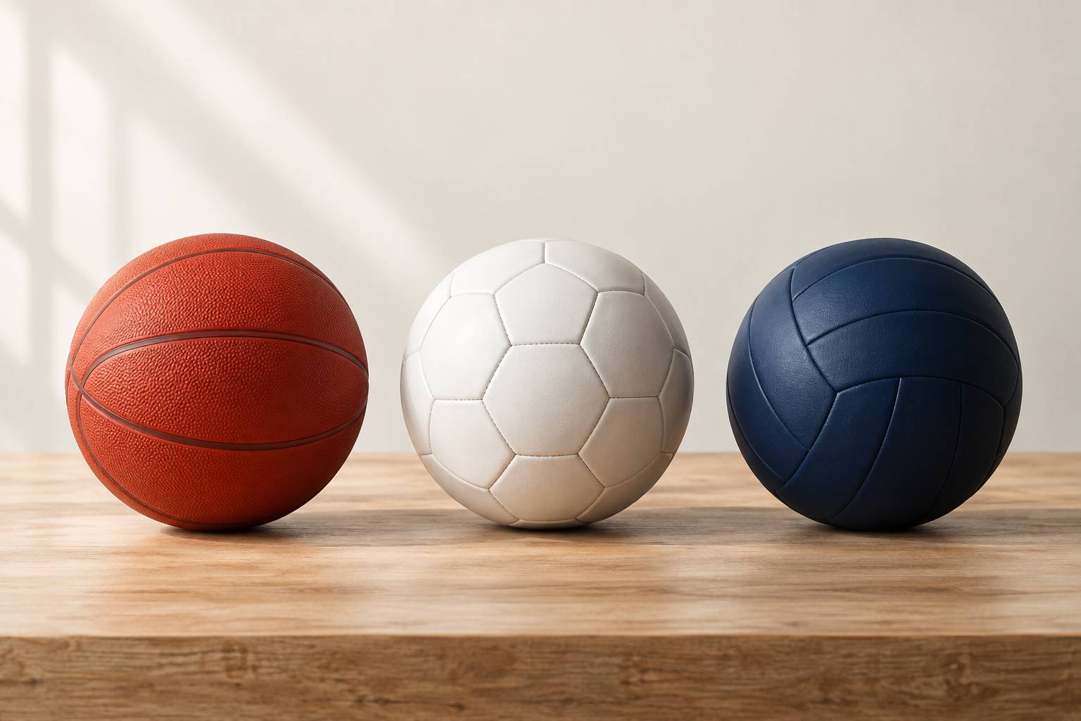 Trois ballons neutres alignes sans logo sur un etabli