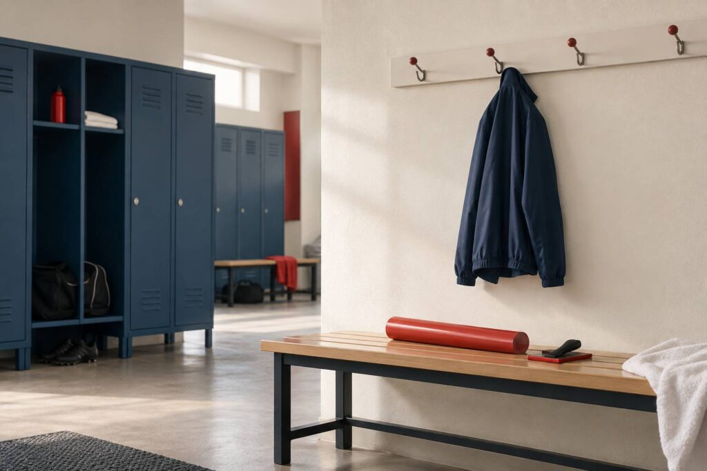 Veste technique suspendue dans un vestiaire avec rouleau de transfert textile sur un banc