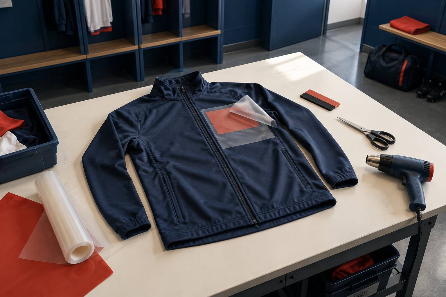 Veste technique a plat sur un etabli avec film transfert et raclette
