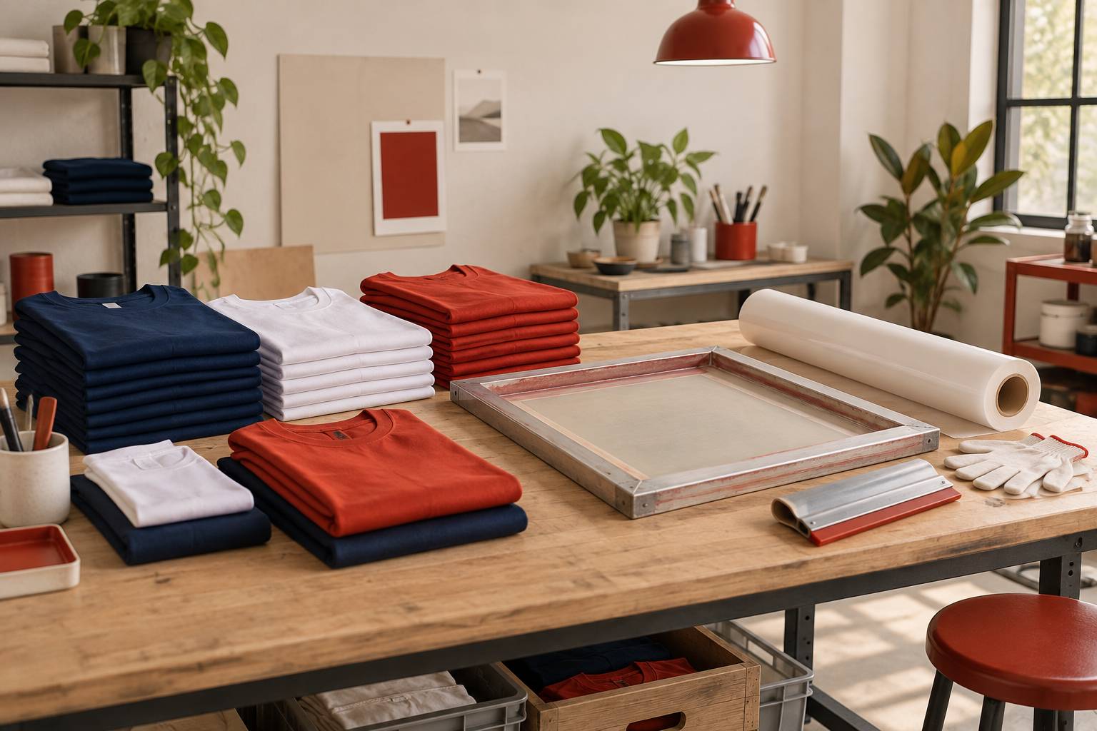 Atelier de marquage textile avec maillots colorés unis et écran de sérigraphie