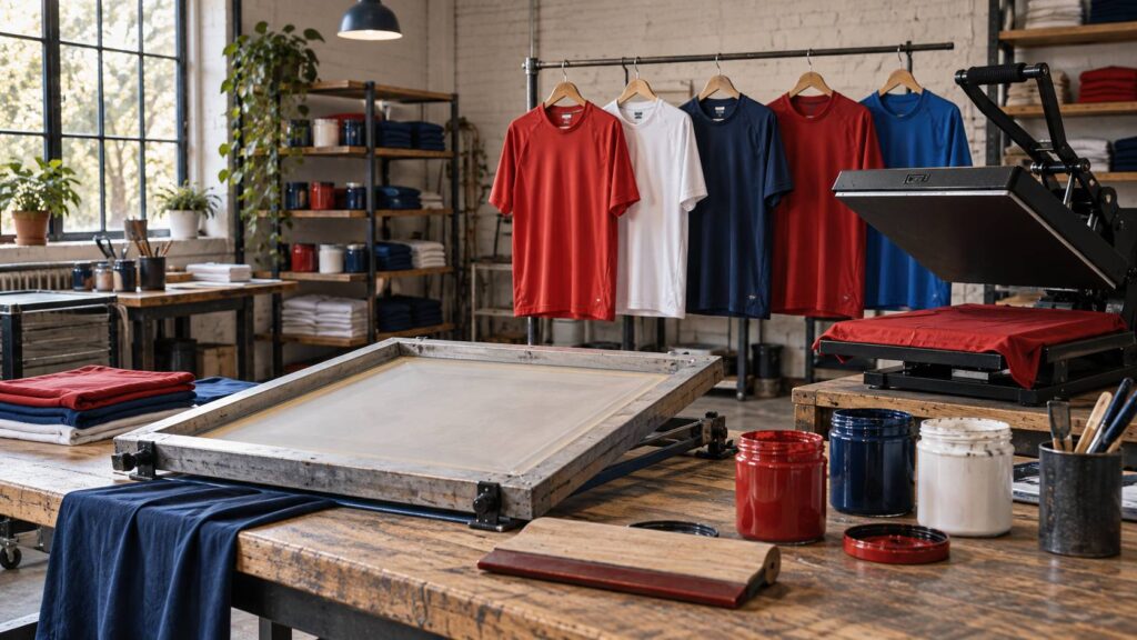 Atelier de marquage textile avec maillots colorés unis et écran de sérigraphie