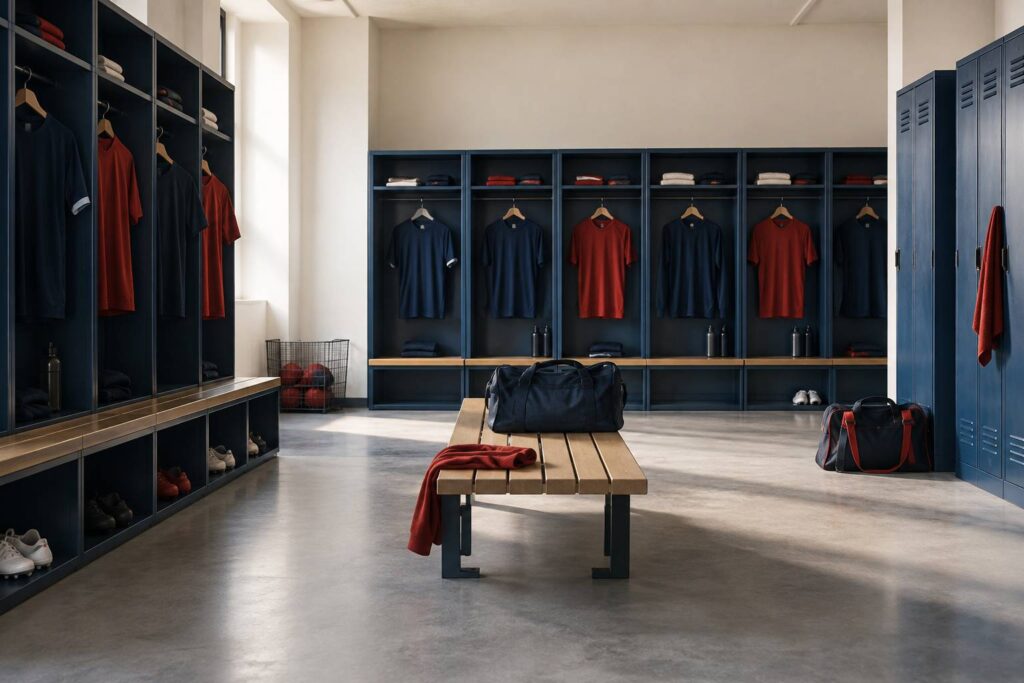 Vestiaire de club avec maillots suspendus et banc en bois