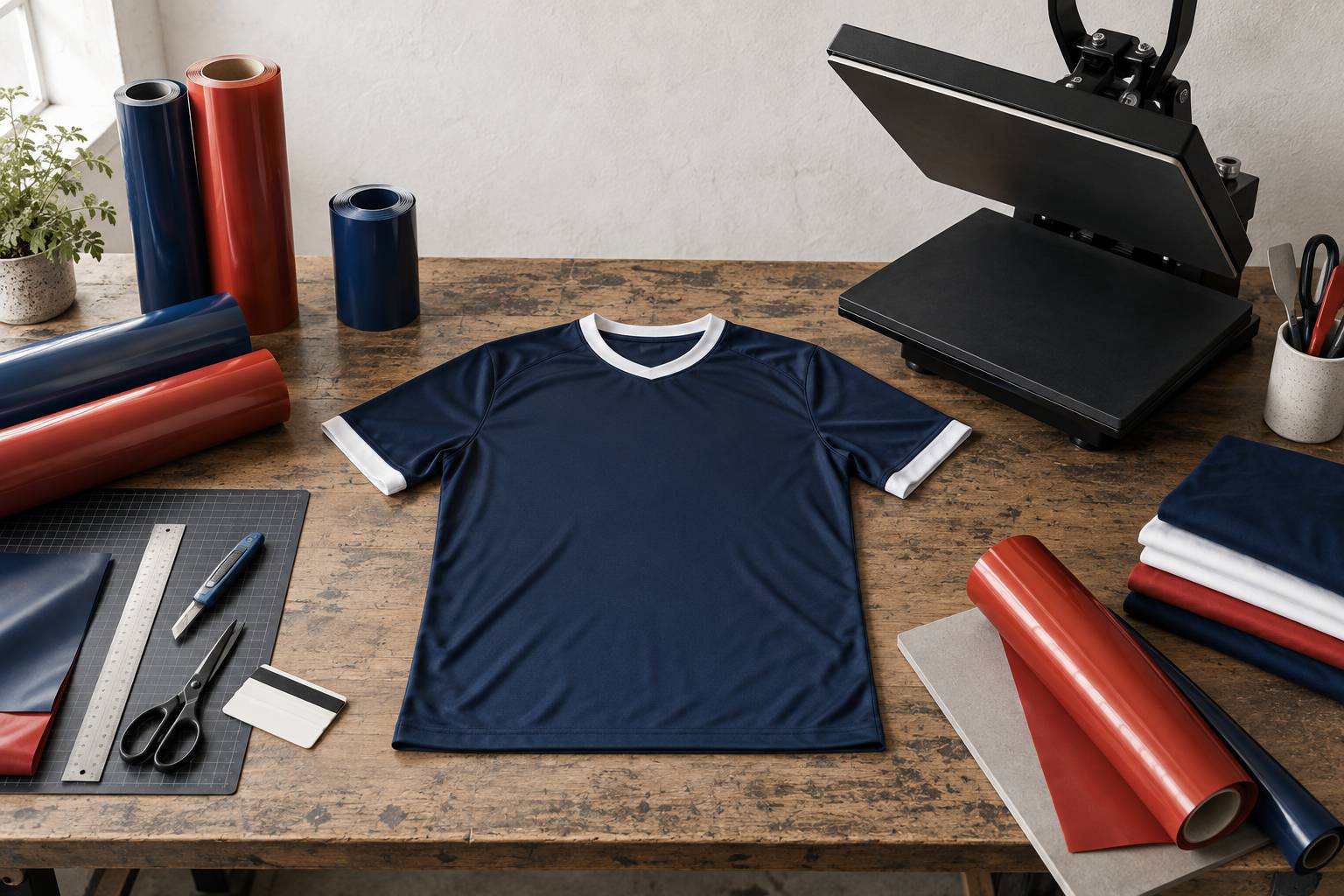 Maillot vierge pose a plat sur un etabli d'atelier de flocage