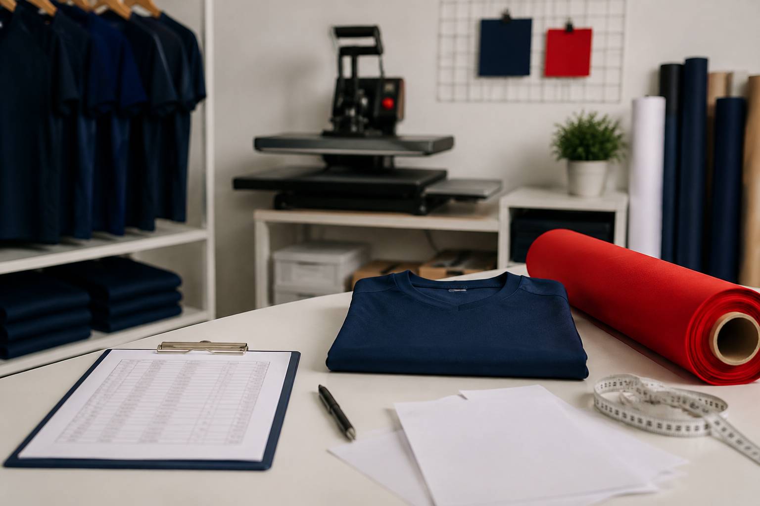Tableau de tarifs flou avec maillot neutre plié et rouleau de tissu à floquer