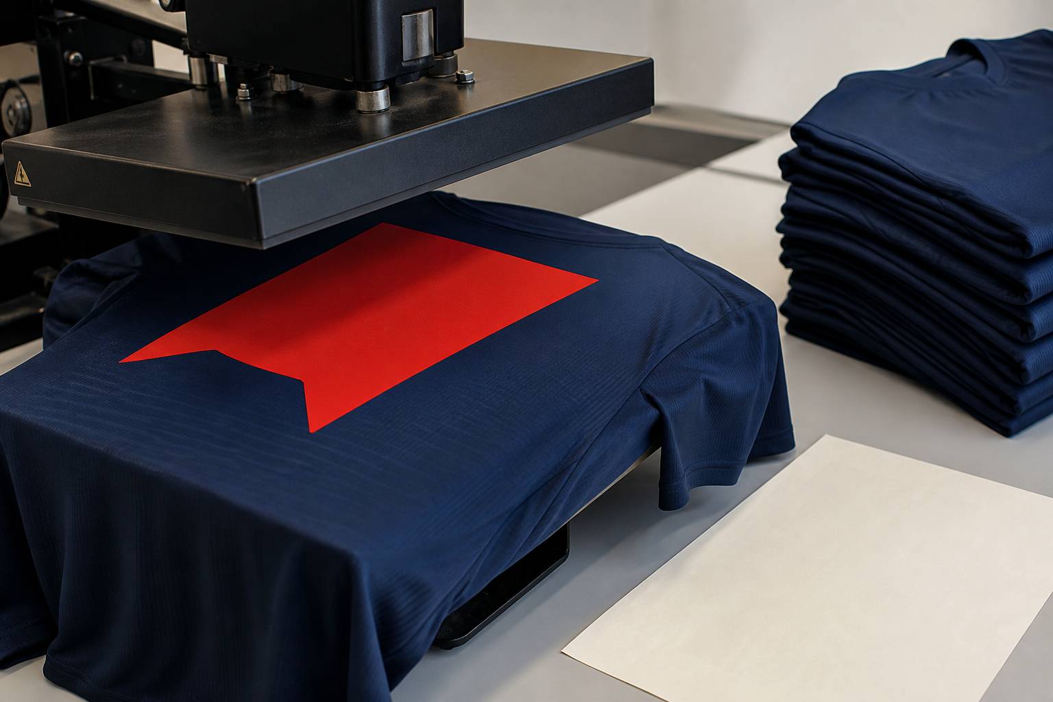 Presse à flocage appliquant un marquage rouge sur un maillot de sport bleu nuit dans un atelier