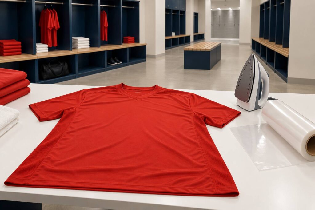 Maillot de sport pose a plat dans un vestiaire avec fer a repasser a cote