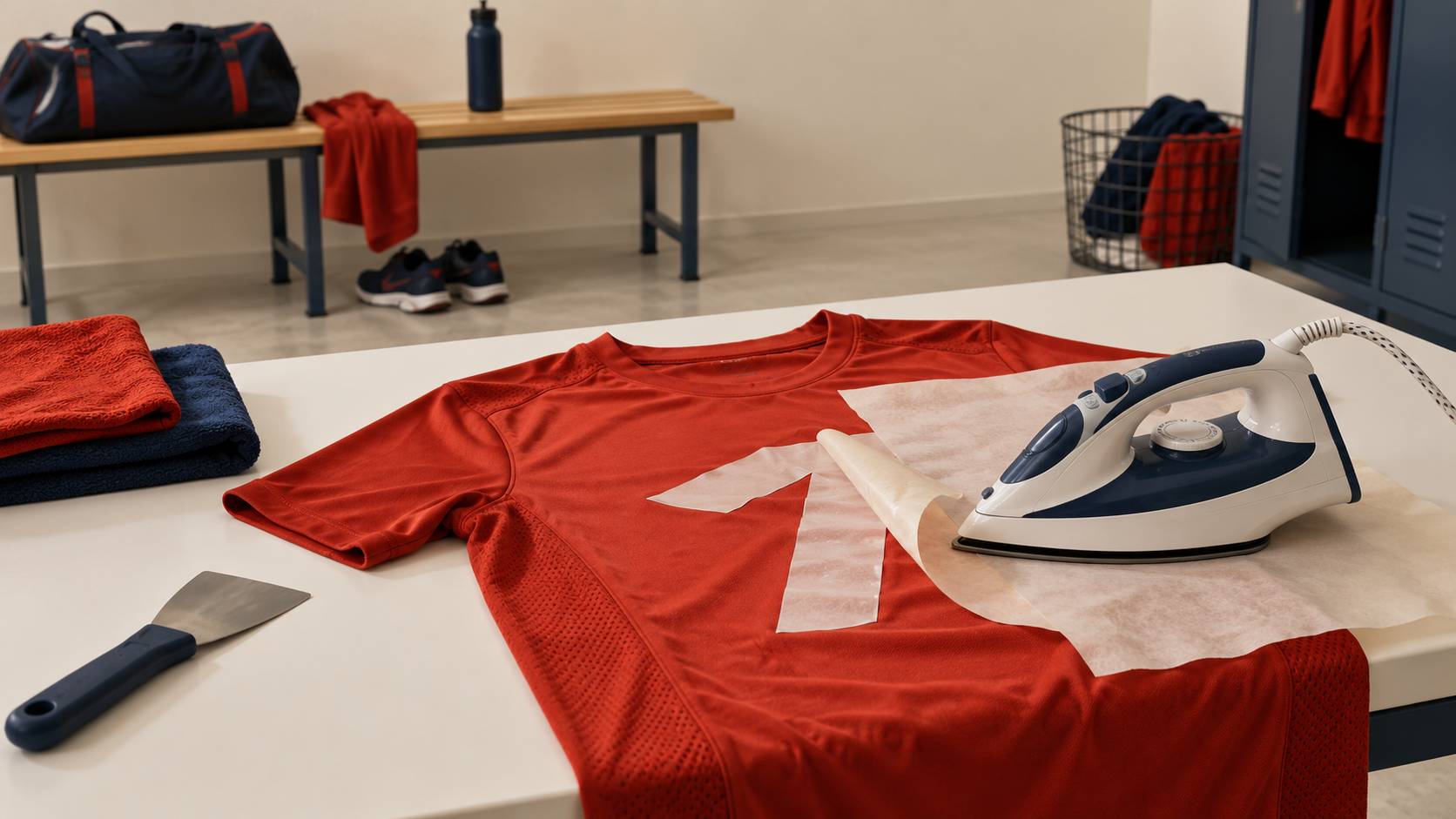 Maillot de sport avec marquage thermocolle et fer a repasser sur une table