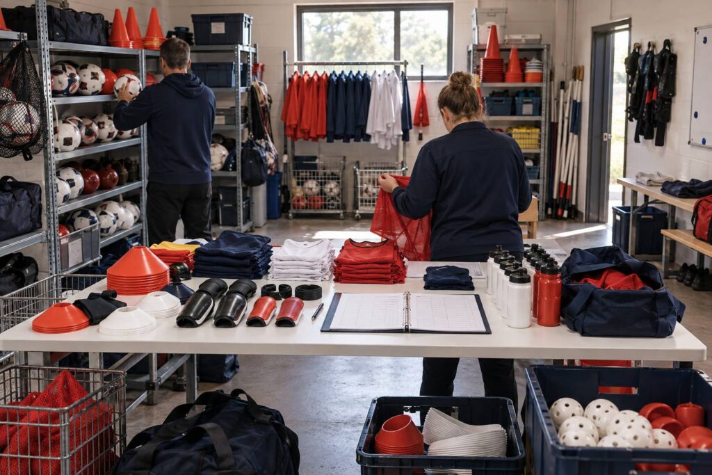 Illustration éditoriale du sujet : Stock de matériel d'un club : l'inventaire de fin de saison